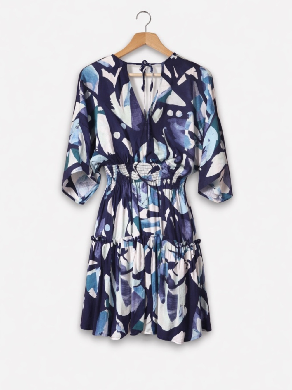Love Stitch Tropical Floral Mini Dress Blue Smocked Waist Size Small - Picture 4 of 11